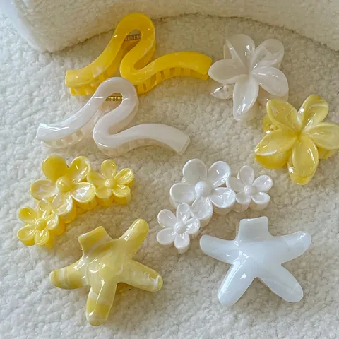 Zomer Vakantiestijl Geel Wit Frangipani Zeester Haarklauw Hars Marmerprint Zoete Haaienclip Haaraccessoires Voor Dames