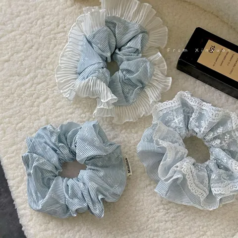 Coletero de Tela Azul Claro Dulce Francés Bordado Floral Rayas Encaje Organza Soporte de Coleta para Mujer Accesorios Diarios