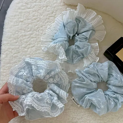 Coletero de Tela Azul Claro Dulce Francés Bordado Floral Rayas Encaje Organza Soporte de Coleta para Mujer Accesorios Diarios