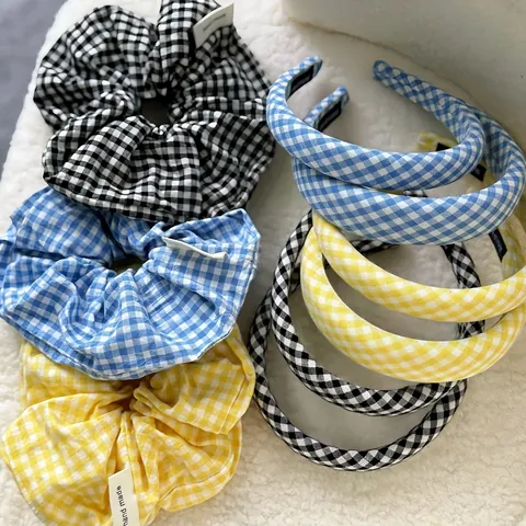 Preppy Gingham Karo Stoff Stirnband Und Haargummi Koreanischen Stil Haarschmuck Für Damen Tägliche Mode Haar-Accessoire