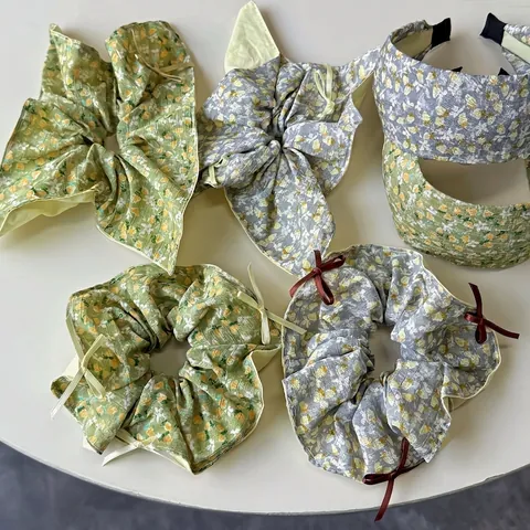 Koreanische Vintage Stoff Scrunchies Süße Plissierte Schleife Haargummis Blumenmuster Haarbänder Elegante Haarschmuck Für Damen