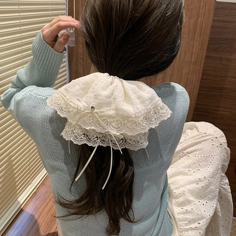 Oversized Lace Bow Scrunchies For Women Sweet Pleated Ribbon Hair Ties Vintage Black White Hair Rope Stylish Hair Accessories