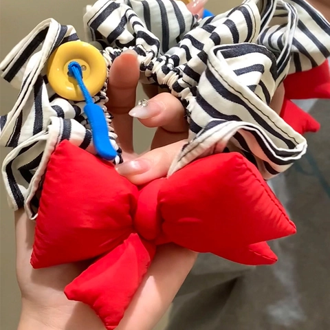 Elastico per Capelli in Stile Coreano a Righe con Fiocco Imbottito Grande per Donna Ragazze Fatto a Mano in Tessuto per Coda