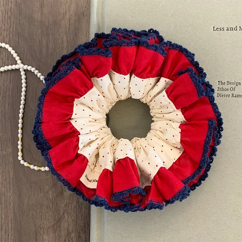 Stile Coreano Vintage Oversize Rosso Pois Scrunchie per Donna Elastico per Capelli in Tessuto Bordo in Pizzo Blu Fatto a Mano