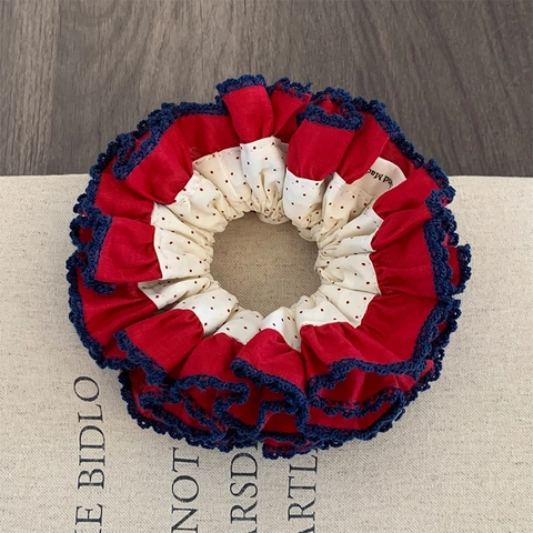 Stile Coreano Vintage Oversize Rosso Pois Scrunchie per Donna Elastico per Capelli in Tessuto Bordo in Pizzo Blu Fatto a Mano
