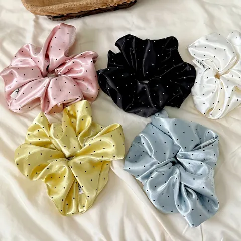Korean Style Cream Polka Dot Satin Scrunchies For Women Sweet Large Elastic Hair Bands Aesthetic Hair Tie Fashion Accessories