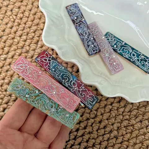 Neue Chinesische Vintage Lotus Muster Celluloseacetat Haarspange Strass Rechteckige Entenschnabel-Clip Damen Haarschmuck