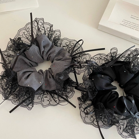 Coletero de Encaje con Lazo Balletcore para Mujer Niña Elegante Goma de Pelo de Tela con Decoración de Strass