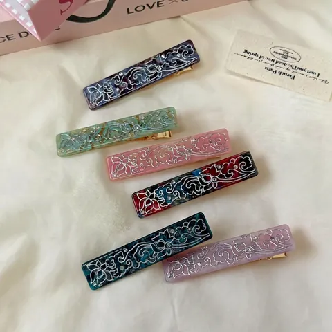 Neue Chinesische Vintage Lotus Muster Celluloseacetat Haarspange Strass Rechteckige Entenschnabel-Clip Damen Haarschmuck
