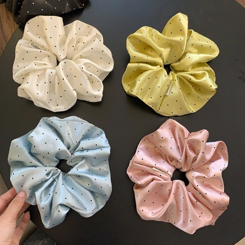 Oversized Glossy Polka Dot Satin Scrunchie For Women Korean Style Elastic Hair Tie Sweet Pleated Ponytail Bun Hair Rope