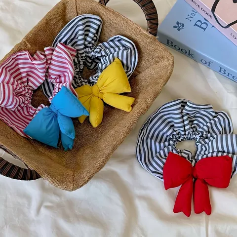 Scrunchie a Righe con Fiocco 3D Imbottito in Cotone Stile Coreano Per Donna Dolce Tessuto Elastico Fermacapelli