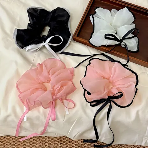 Dolci Scrunchies in Organza di Rete Con Lungo Fiocco in Nastro Bordo a Contrasto Elastico per Capelli da Donna Ragazza Accessori per Capelli