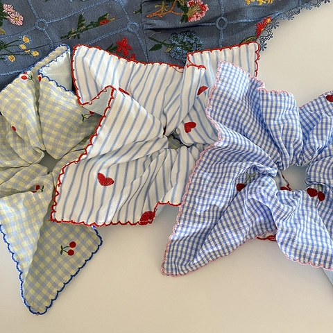French Sweet Gingham Cherry Embroidered Scrunchie Square Scarf Hair Tie For Women Fabric Hair Accessories For Daily Bun Styling