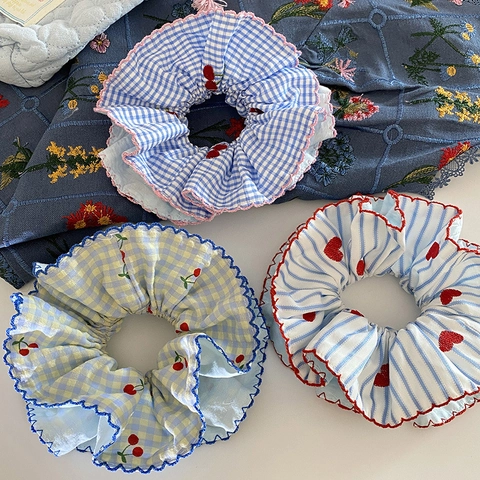 French Sweet Gingham Cherry Embroidered Scrunchie Square Scarf Hair Tie For Women Fabric Hair Accessories For Daily Bun Styling