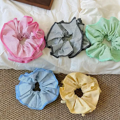 Chouchou en Tissu Fait à la Main à Rayures de Style Coréen pour Femmes Grand Élastique Doux Attache Cheveux Queue de Cheval Accessoires Cheveux Esthétiques Colorés