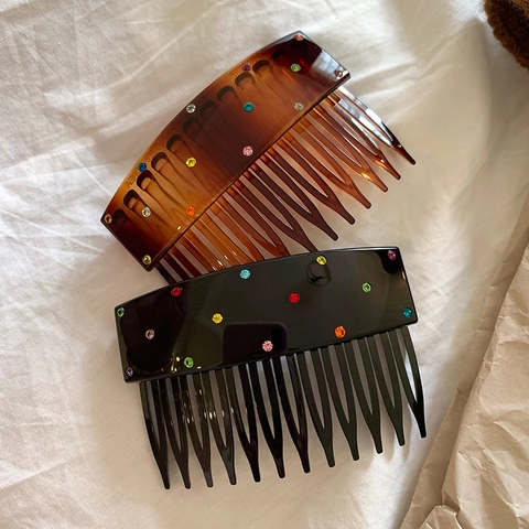 Vintage Acetate Hair Comb For Women With Colorful Rhinestones Korean Style Simple Side Hair Clip Fashion Hair Accessories