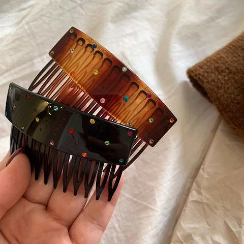 Vintage Acetate Hair Comb For Women With Colorful Rhinestones Korean Style Simple Side Hair Clip Fashion Hair Accessories