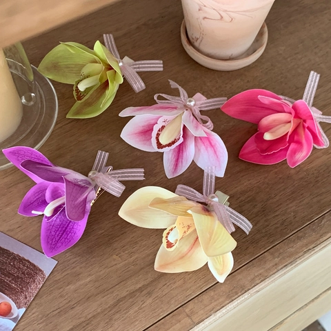 Handmade Orchid Hair Clip With Satin Ribbon Bow Artificial Pearl Elegant Floral Duckbill Clip For Women Hair Accessory