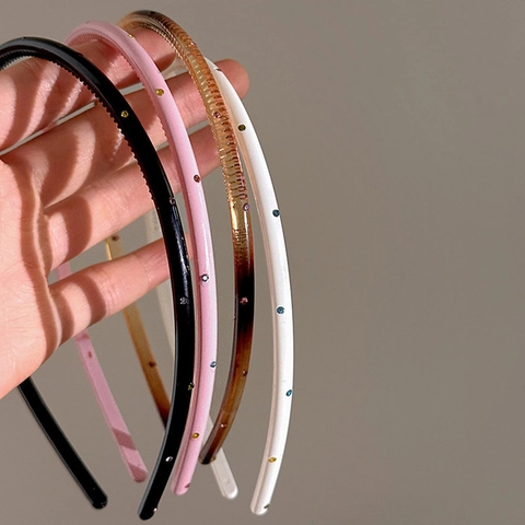 Vintage Thin Resin Headband For Women Rhinestone Embellished Anti-Slip Hair Hoop Minimalist Korean Style Hair Accessories