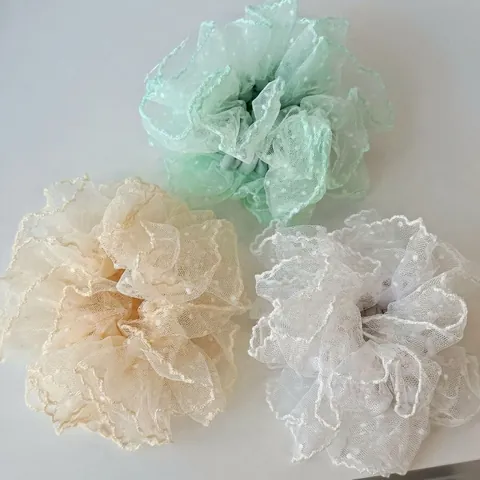 Fresh Mesh Polka Dot Lace Scrunchie Sweet Ruffle Edge Tulle Hair Tie Ponytail Holder For Women Casual Hair Accessory