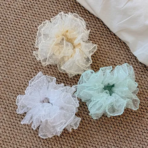Fresh Mesh Polka Dot Lace Scrunchie Sweet Ruffle Edge Tulle Hair Tie Ponytail Holder For Women Casual Hair Accessory