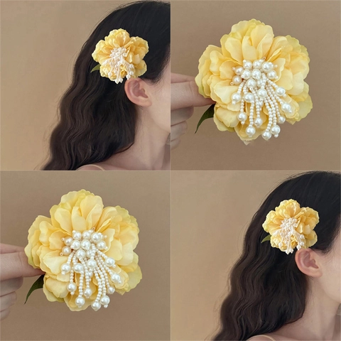 Yellow Fabric Flower Hair Clip With Imitation Artificial Pearl Tassels Korean Fairy Style Side Fringe Clip Hair Accessory For Women Girls