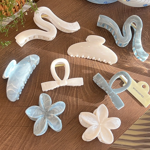Fresco Fermaglio per Capelli a Granchio con Texture Marmo Estivo per Donna Blu Bianco in Plastica Resina Fiore Fiocco Accessori Capelli