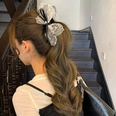 Französische Spitze Schleife Haarkralle Filigranes Netzband Ponytail Halter Für Damen Elegante Haarstyling Accessoires