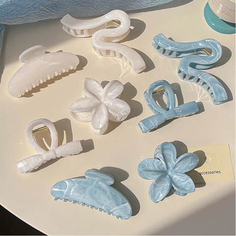 Fresco Fermaglio per Capelli a Granchio con Texture Marmo Estivo per Donna Blu Bianco in Plastica Resina Fiore Fiocco Accessori Capelli