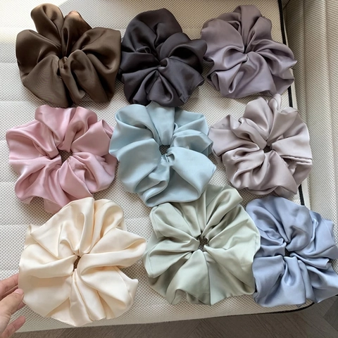 Oversized Satin Scrunchies For Women Korean Style Solid Color Silky Elastic Hair Ties Retro Pleated Hair Bands Hair Accessories