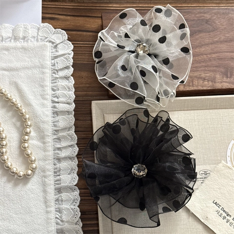 Pinza para el pelo con flor de malla de lunares de estilo francés y strass Accesorio elegante para el peinado diario y las ocasiones
