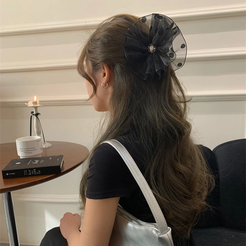 Pinza para el pelo con flor de malla de lunares de estilo francés y strass Accesorio elegante para el peinado diario y las ocasiones