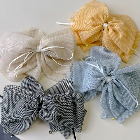 Large Gingham Plaid Oversized Bow Hair Clip With Crystal Pendant Beads Sweet Korean Style Chiffon Hair Claw For Women