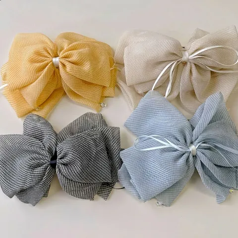 Large Gingham Plaid Oversized Bow Hair Clip With Crystal Pendant Beads Sweet Korean Style Chiffon Hair Claw For Women
