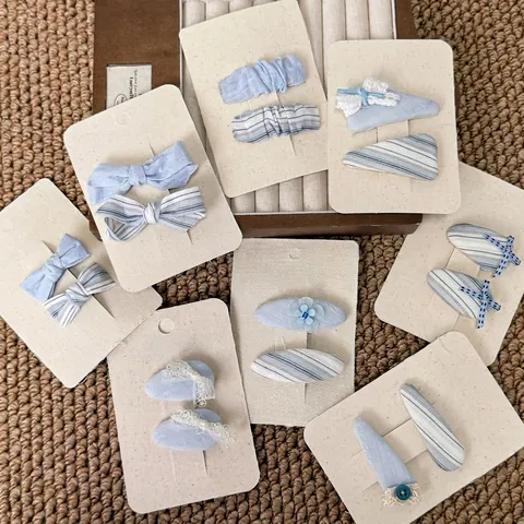 Dolci Fermagli per Capelli a Fiocco in Tessuto Blu Chiaro Stile Coreano Floreale Righe Pizzo Nastro Forcine BB per Donna Ragazza Accessori per Capelli