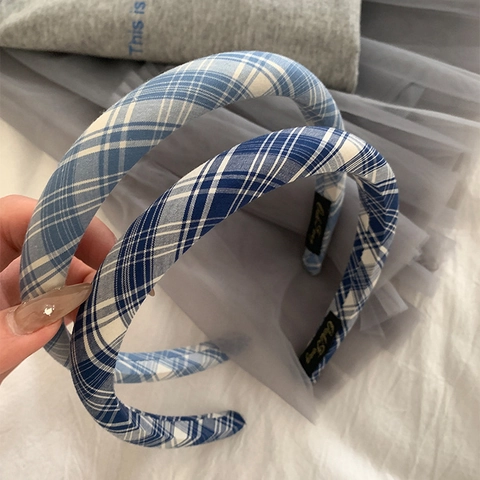 Vintage Preppy Plaid Fabric Headband For Women Small Fresh Blue Checkered Hair Hoop Casual Daily Hair Accessories