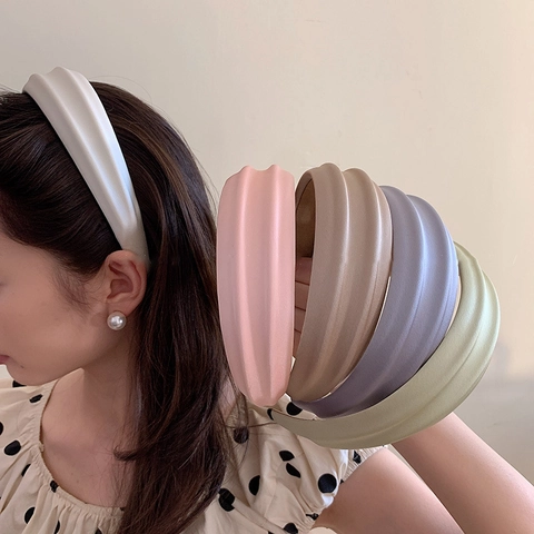 Cerchietto da Donna in Stile Coreano a Tesa Larga Pieghettato Inspessito in Tessuto Imbottito in Spugna Tinta Unita Accessori Capelli