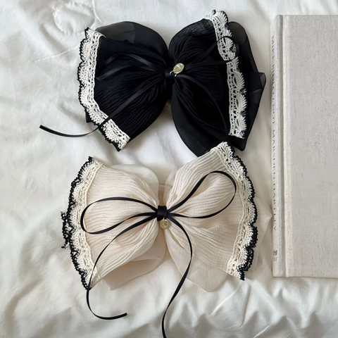 Women Large Bow Hair Claw Clip French Vintage Pleated Chiffon Lace Edge Hair Accessory Sweet Elegant Ponytail Clip