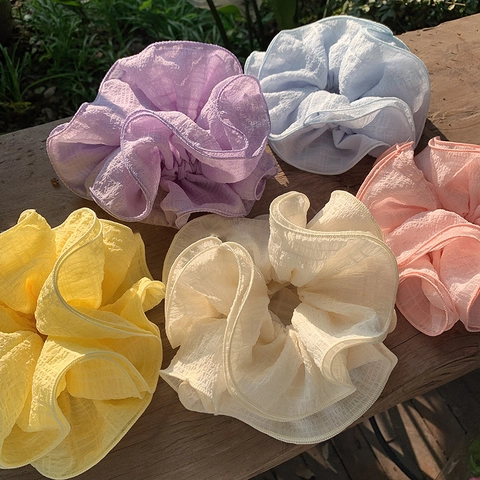 Coleteros Plisados Extragrandes de Tela Seersucker Estilo Francés con Volantes Soporte para Coleta de Caballo para Mujer