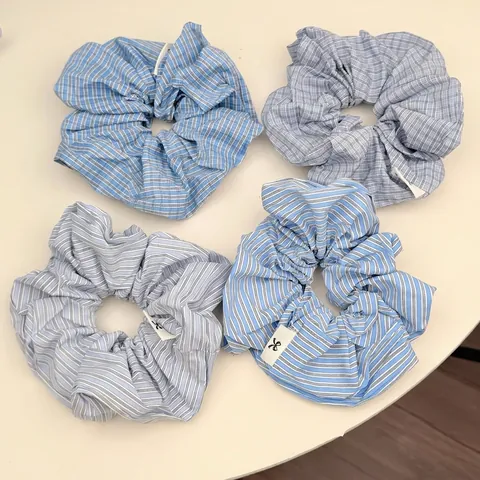 Chouchous Surdimensionnés en Tissu à Rayures et Carreaux Style Coréen pour Femmes Élastiques à Cheveux Bleus et Blancs