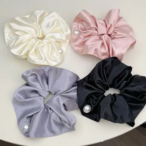 Coletero Gigante de Satén Con Perla Artificial Elegante Cuerda de Pelo Elástica Color Sólido para Mujer Accesorios Pelo