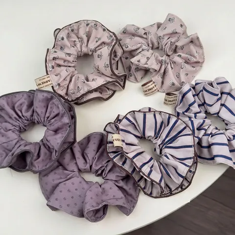 Korean Style Retro Ruffle Edge Scrunchies Collection Double Layer Bow Floral Striped Cloth Hair Ties For Women Hair Styling