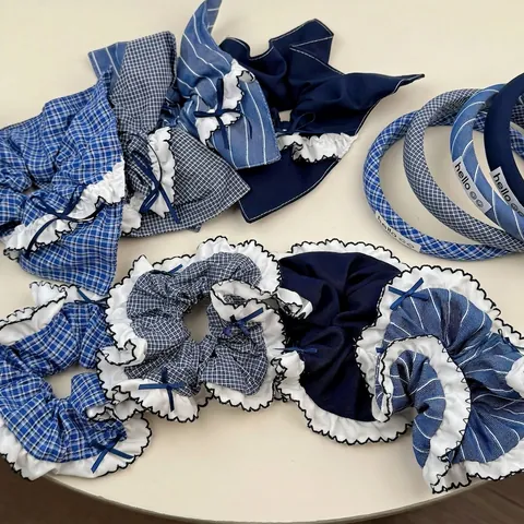 Ensemble Serre-Tête et Chouchou en Tissu Plaid Bleu Rayé Style Coréen Avec Nœud et Volants pour Femme Coiffure