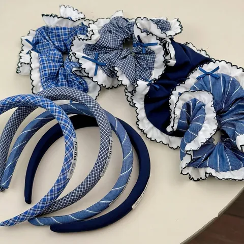 Ensemble Serre-Tête et Chouchou en Tissu Plaid Bleu Rayé Style Coréen Avec Nœud et Volants pour Femme Coiffure