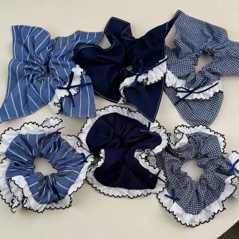 French Blue Plaid Stripe Fabric Scrunchie With Bow Lace Trim Elegant Hair Tie For Women Sweet Hair Accessories