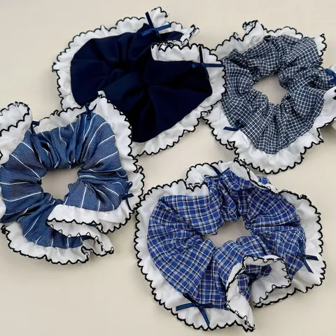 French Blue Plaid Stripe Fabric Scrunchie With Bow Lace Trim Elegant Hair Tie For Women Sweet Hair Accessories