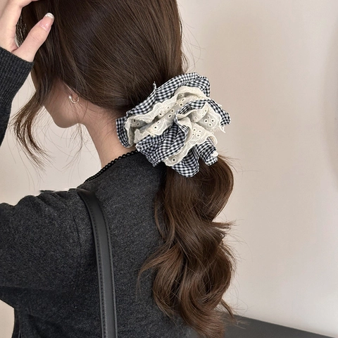Elastico per Capelli Doppio Strato in Pizzo e Quadretti Retrò Francese Fermacapelli Elastici in Stile Balletto per Donna Accessori Capelli