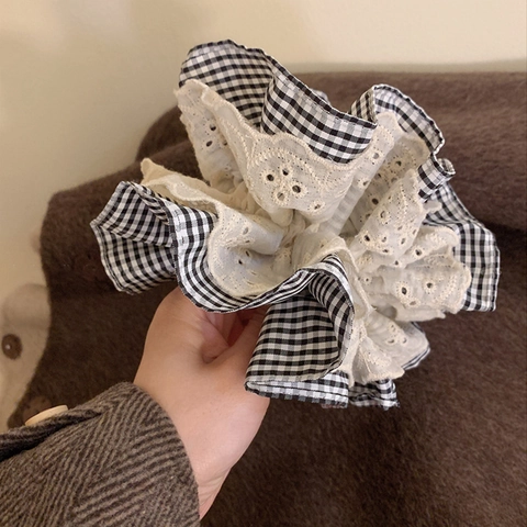 Elastico per Capelli Doppio Strato in Pizzo e Quadretti Retrò Francese Fermacapelli Elastici in Stile Balletto per Donna Accessori Capelli