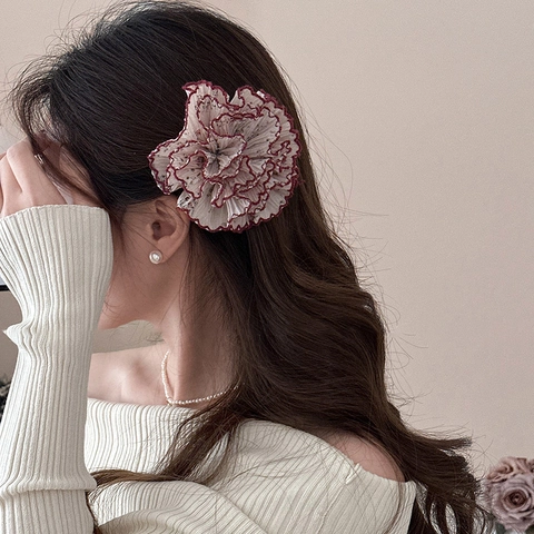 Bloemen Geplooide Stof Haarklem Scrunchie Eendenbek Clip Elegante Bloem Haaraccessoires Voor Dames Rode Rand Handgemaakt