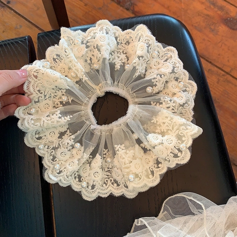 Elegant Large Lace Pearl Scrunchie Embroidered Mesh Hair Ring Fairy Floral Lace Hair Tie For Women Bun Accessories